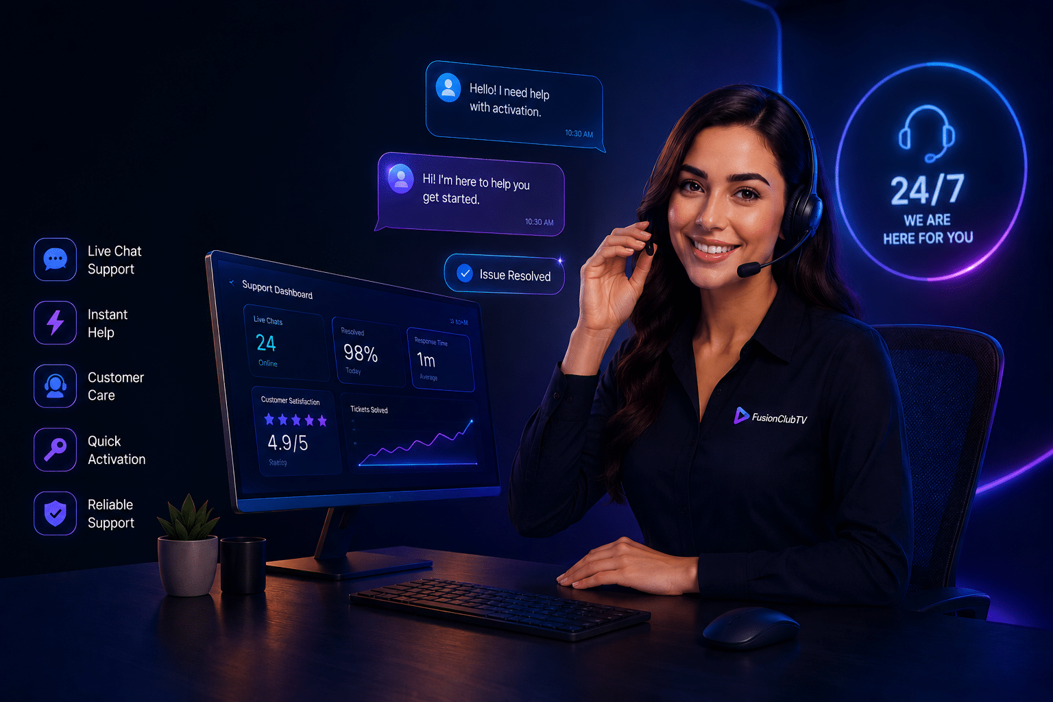FusionClubTV customer support agent providing fast IPTV and CCCAM activation help, setup guidance, and 24/7 assistance