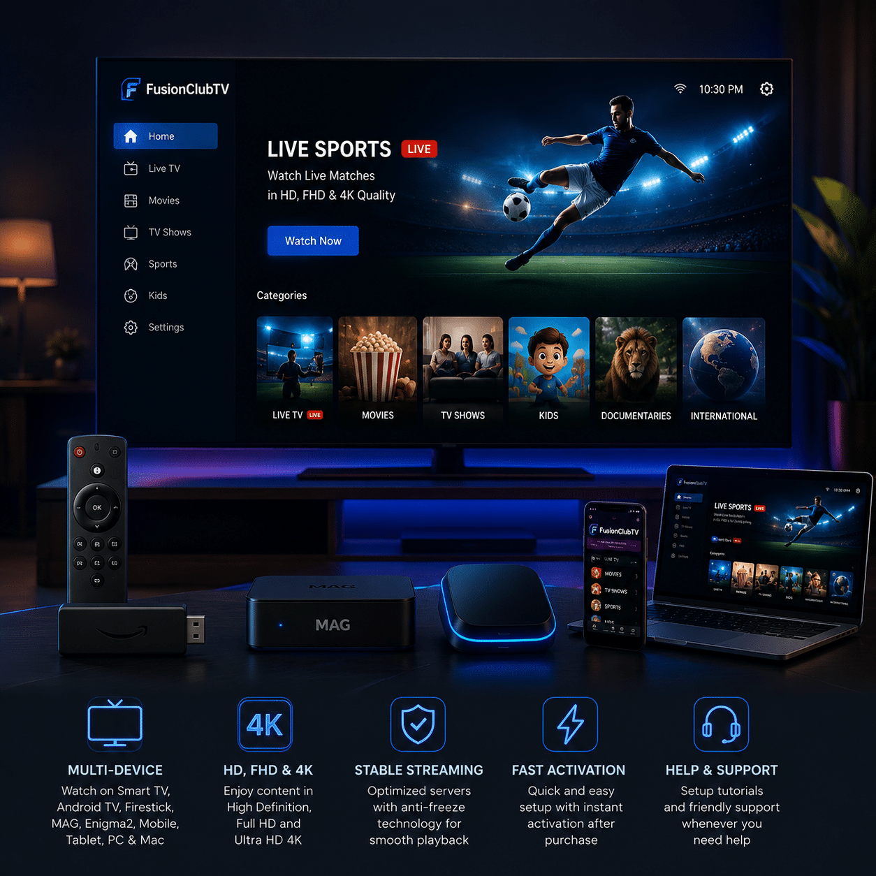 Premium IPTV entertainment dashboard with live sports, movies, TV channels, international content, and multi-device streaming