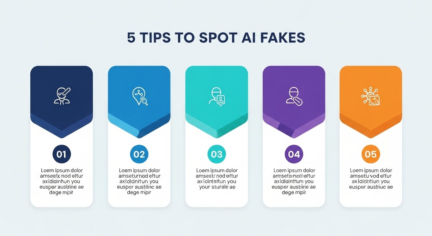 5 Tips to Spot AI Fake Content Infographic Infographic with 5 tips on how to spot AI fakes and verify streaming content.