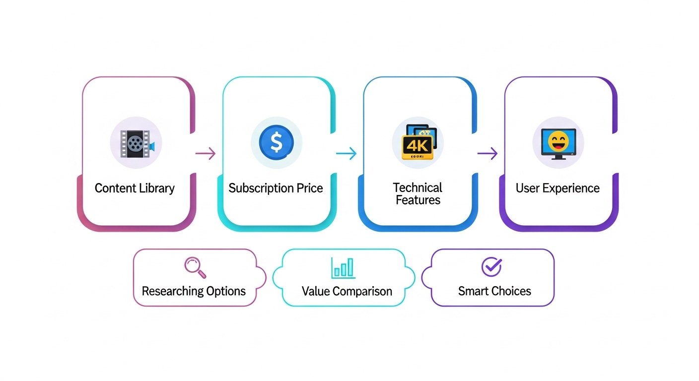 Infographic on how to evaluate a streaming service Infographic showing key factors for evaluating a streaming service: content, price, features, and user experience.