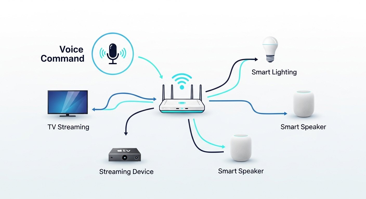 Smart Streaming Ecosystem Diagram Infographic showing how a voice command controls a streaming device, smart speaker, and smart lighting through a Wi-Fi connection.