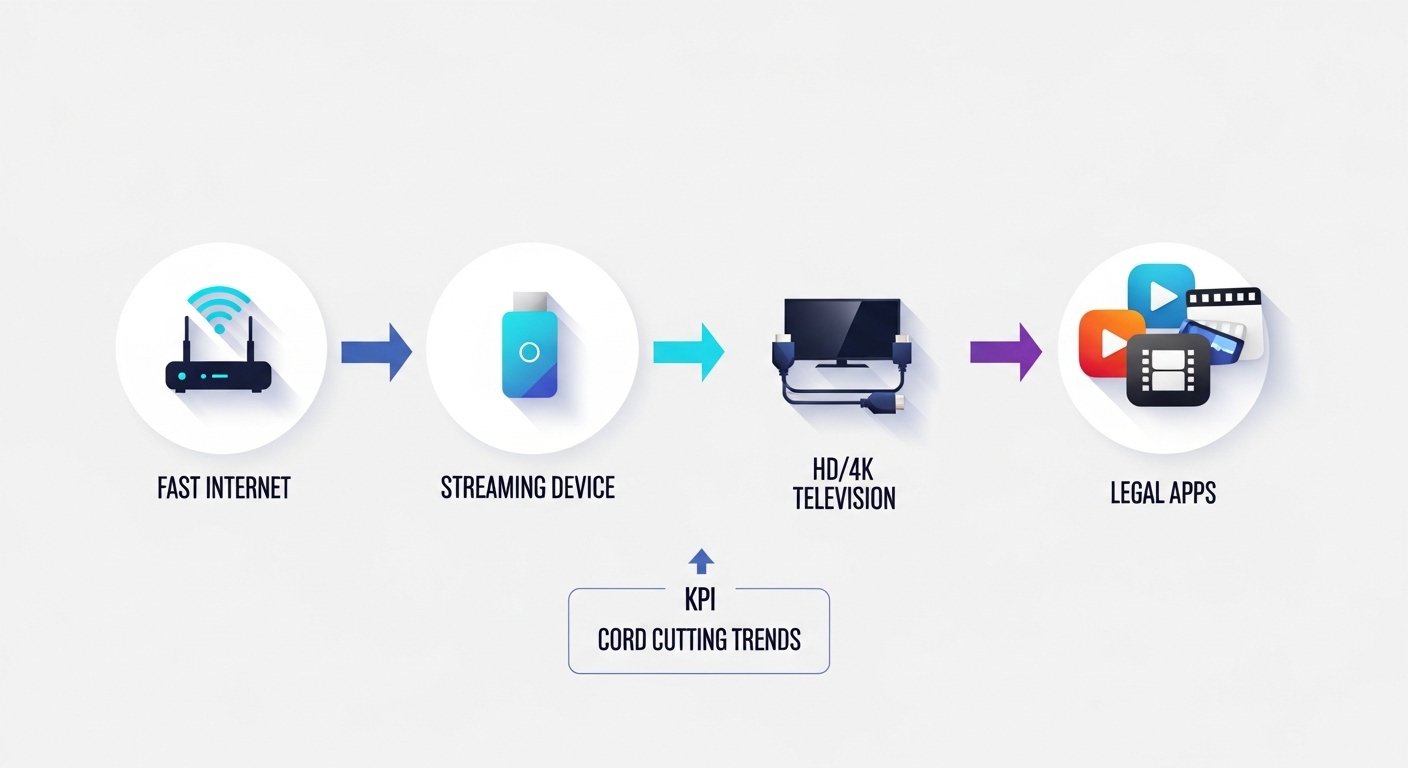 Anatomy of a Modern Streaming Setup Infographic Infographic showing the components of a modern streaming setup: internet, streaming device, TV, and legal apps.