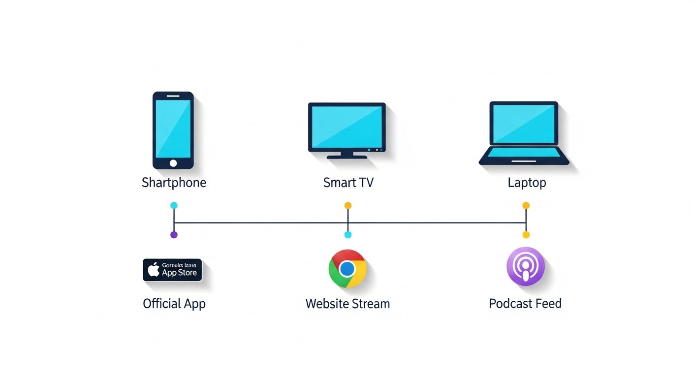 Methods for Accessing Official Streaming News Infographic showing how to access news via official apps, websites, and podcasts on various devices.
