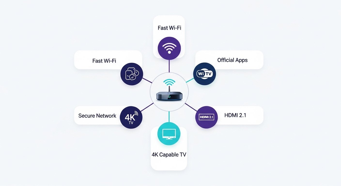 Infographic for optimizing your live sports streaming setup Infographic showing key components for a good streaming experience: fast wifi, official apps, a secure network, and a 4K TV.