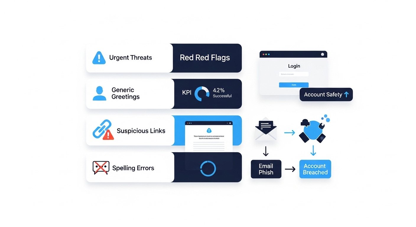 How to recognize phishing scam red flags An infographic showing the red flags of a phishing scam, including urgent threats, suspicious links, and poor grammar.