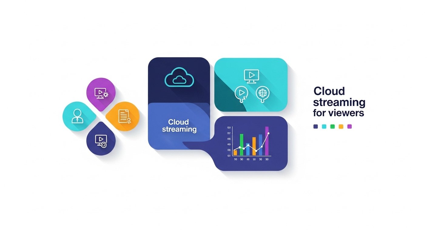 Benefits of Cloud Streaming for Viewers Infographic Infographic showing the benefits of cloud streaming: less buffering, higher quality, new features, and better reliability.