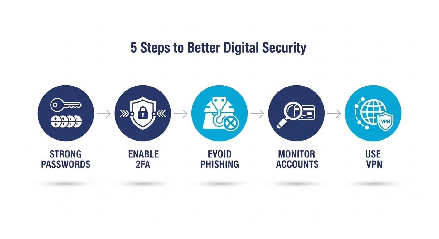 5 Steps to Better Digital Security Infographic Infographic showing five key steps for digital security: use strong passwords, enable 2FA, avoid phishing, monitor accounts, and use a VPN.