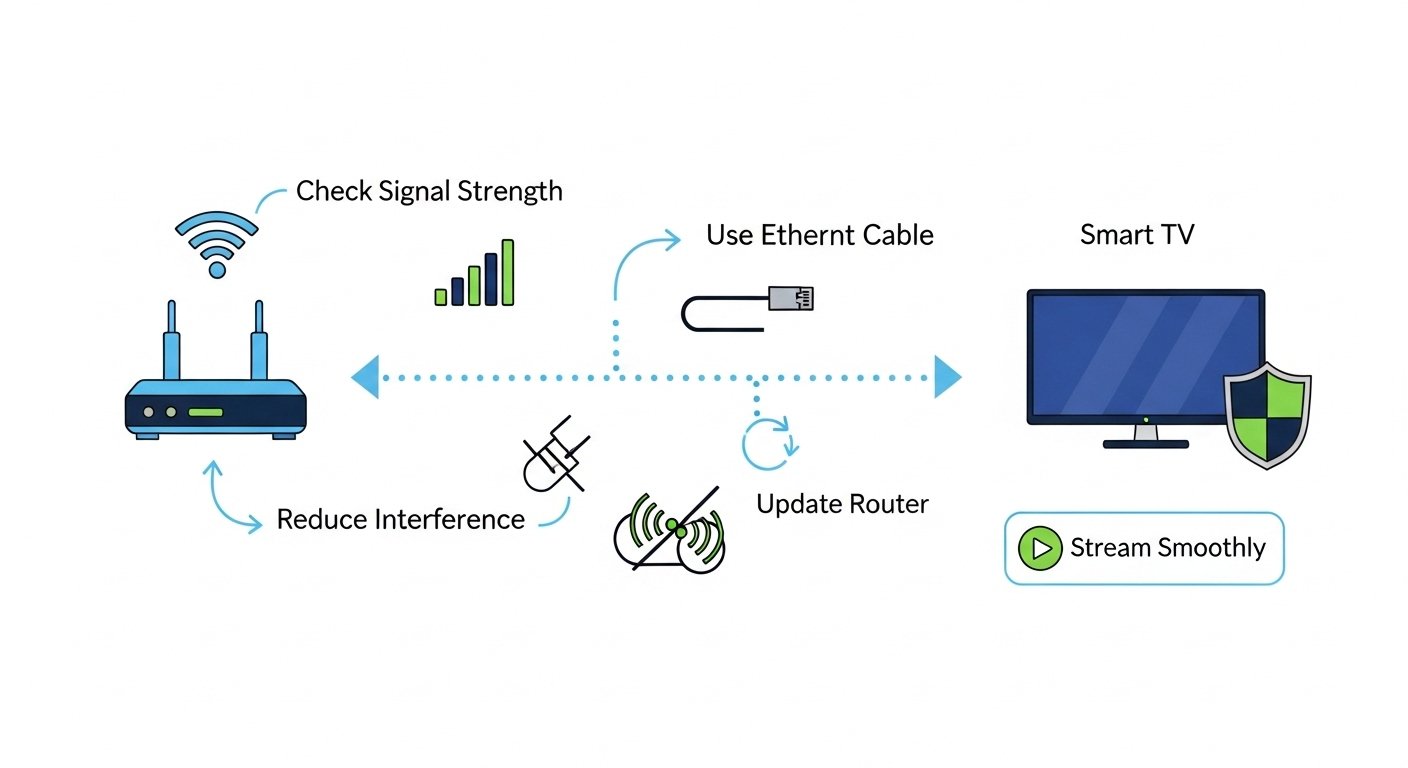 Smart TV Buffering Fixes Infographic Infographic showing key steps to fix smart TV buffering, such as checking WiFi signal and using an Ethernet cable.